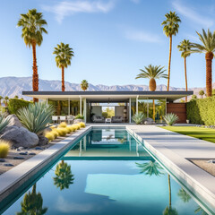 Fototapeta premium Hotel swimming pool, Modern mid-century house architecture, and palm trees.