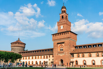 Courtyard and tower of the Filarete at the entrance of the Castello Sforzesco, medieval...