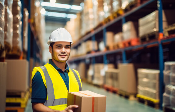 Worker in a warehouse, young caucasian man in high visibility vest and hard hat helmet, carton box in his hands, blurred shelves stacks background. Generative AI