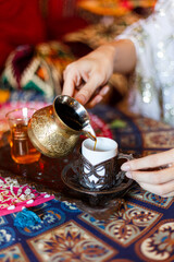 Immerse in Turkish Coffee Culture: Turkish Traditional Style, Hot Pouring Ritual, and Authentic Turkish Cafe and Restaurant Ambiance with Turkish Coffee's Aromatic Allure