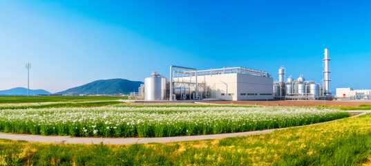 Fototapeta na wymiar Hydrogen power plant, large steel tanks and pipes, wide angle photo, sunny green grass field foreground. Clean H2 energy concept as imagined by Generative AI