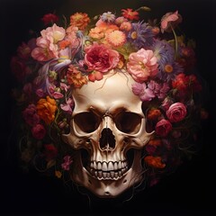 skull in a wreath of flowers on a black background
