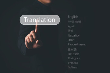 Online translators and e-learning language course concepts. A computer user presses a button with...