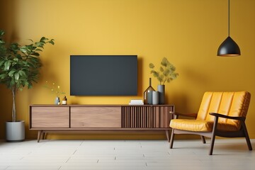 interior design, modern living room with leather armchair and plant on yellow wall. generative ai
