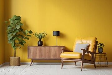 interior design, modern living room with leather armchair and plant on yellow wall. generative ai