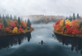 Person rowing on a calm lake in autumn, aerial view only small boat visible with serene water around - lot of empty copy space for text. Generative AI - obrazy, fototapety, plakaty