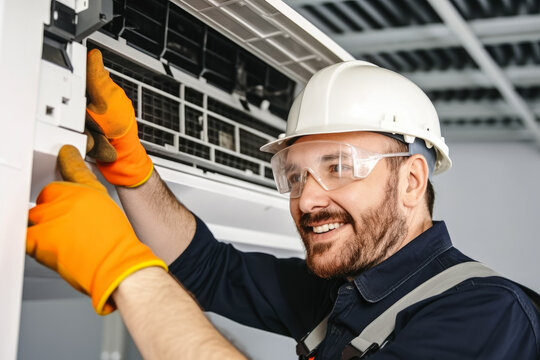Technician working on air conditioning indoor unit. Man wearing helmet and protective goggles, HVAC worker professional occupation. Generative AI