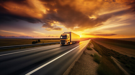 Loaded European Truck on Highway at Sunset