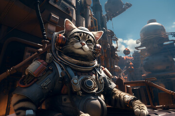 Fototapeta premium cat astronaut in a space suit, in Futuristic sci-fi city.