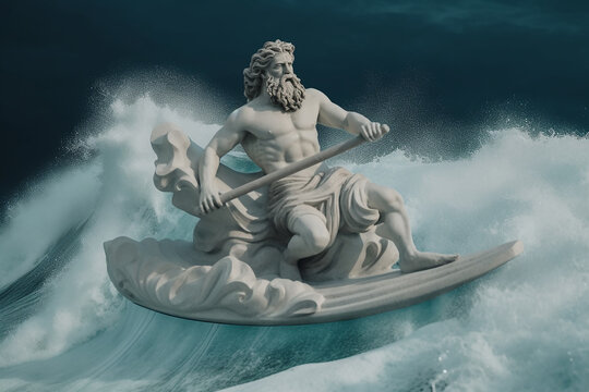 A Majestic marble statue of Poseidon, the ancient Greek god of the sea, Created with AI