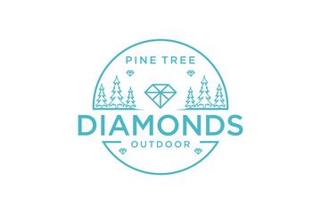 Diamond gemstone pine outdoor logo design label illustration - obrazy, fototapety, plakaty