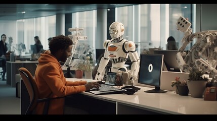 A robot working in a modern office with real people Generative AI - obrazy, fototapety, plakaty