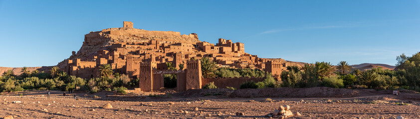 Sunrise over the beautiful historic town Ait Ben Haddou, famous berber town with many kasbahs built of clay, UNESCO world heritage