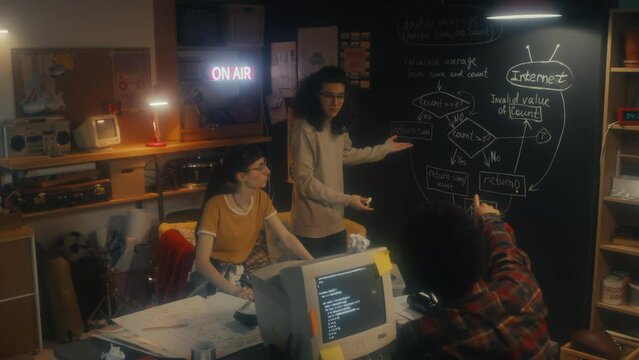 Group of three young IT specialists developing new computer system brainstorming and drawing schematic diagram on chalkboard