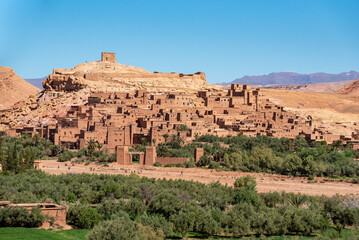 Famous view of the historic town Ait Ben Haddou, famous berber town with many kasbahs built of clay, UNESCO world heritage