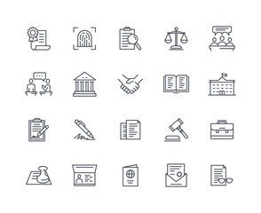 Court lawyer icons outline set