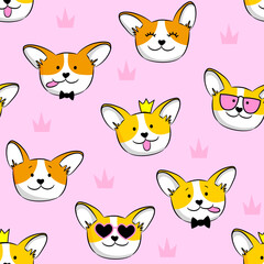 Abstract seamless pattern with funny dog corgi. Fashion illustration in modern style. Bright print