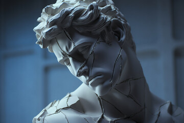 A Powerful and noble male marble sculpture broken into pieces, Created with AI