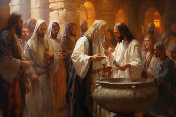 Jesus Christ turns water into wine. Religion Bible. History. During a wedding in Cana of Galilee, Jesus, at Mary's request, transforms approximately 120 gallons of water into wine.