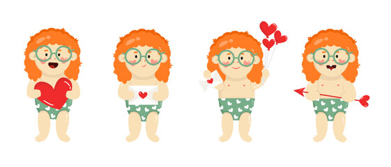 Lovely set of flat vector romantic illustration of happy little cute funny girl with orange hair. Self love, self care, positive, happiness concept.