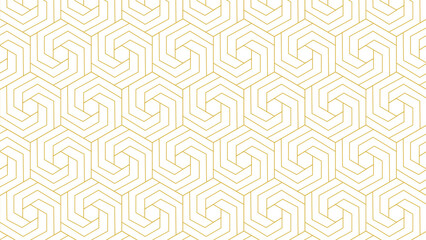 Seamless golden outline hexagon pattern, abstract geometric swirl hexagonal frames on white background. Vector illustration