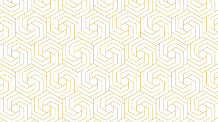 Seamless golden outline hexagon pattern, abstract geometric swirl hexagonal frames on white background. Vector illustration