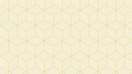 Seamless golden outline boxes pattern, abstract geometric striped cubes on white background. Vector illustration