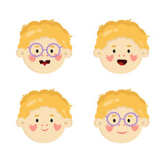 Set of smiling cute faces of children. Set of funny joyful cartoon smiling little kids with hearts and glasses. Clipart of different emotions isolated on white background