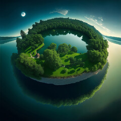 Concept of green planet showing the environment with trees, grass and lake on cloudy sky background. Digital painting illustration created with Generative AI technology.