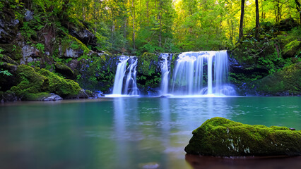 Fototapeta na wymiar waterfall cascading down moss-covered rocks into a crystal-clear pool