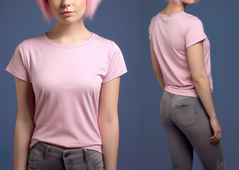 Photo realistic female pink t-shirts with copy space, front, and back view