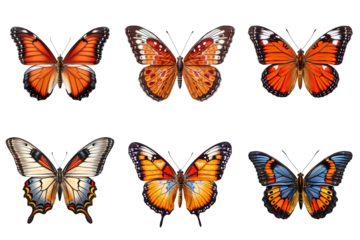 Collection of multicolored butterflies isolated on transparent background