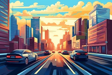 Wall murals Cartoon cars Urban road with cars landscape illustration
