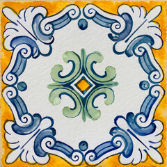 Watercolor illustration of portuguese ceramic tiles pattern