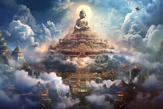 illustration of a fantastic buddhist pure land, the buddha fields, generative ai