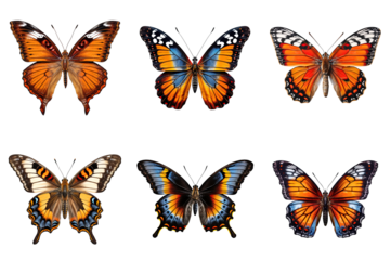 Collection of multicolored butterflies isolated on transparent background