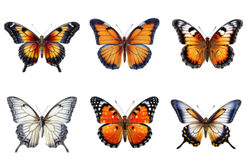 Collection of multicolored butterflies isolated on transparent background