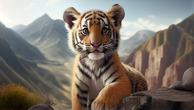 Tiger In The Front Of The Mountain Front View Of Tiger Generated Ai