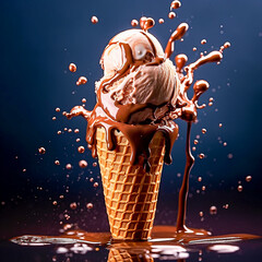 Chocolate ice cream in waffle cone with splash on dark background