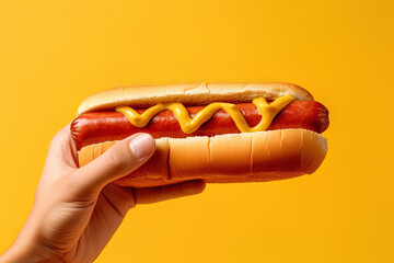 Hand holding tasty hot dog on a yellow background - obrazy, fototapety, plakaty