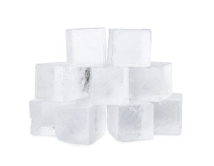 Many clear ice cubes isolated on white