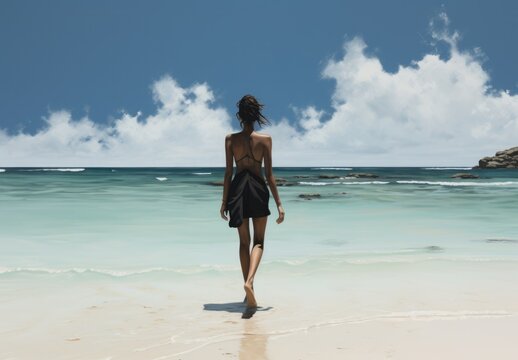 young woman standing on a white sandy beach