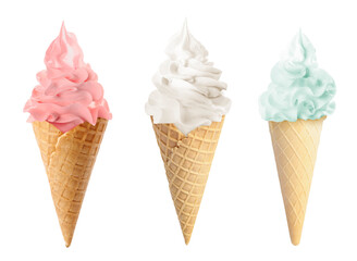 Ice cream in different flavors isolated on white. Soft serve