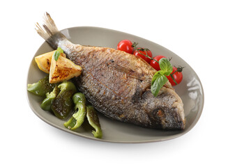 Delicious roasted dorado fish, vegetables, and lemon isolated on white, above view