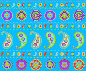 Bright exotic seamless pattern, paisley and mandala on a blue background.