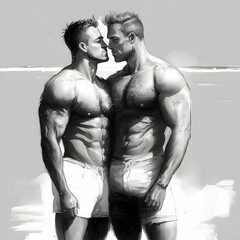 Realistic muscle man who wearing swimshorts Black and white Two guys They are kissing 