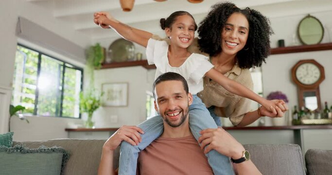 Happy, plane and relax family on sofa for playful, bonding and lounge together. Happiness, love and support with portrait of parents and child in living room at home for free time, care and smile