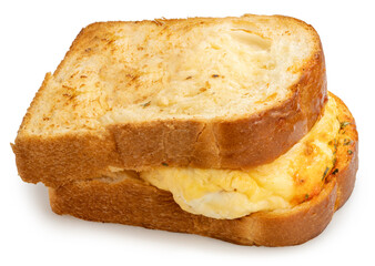 Egg Garlic Cheese Toast in paper bucket isolated on white background With clipping path.