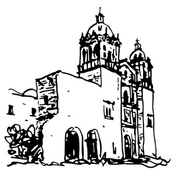 recommend clip art: Santo Domingo Church and Cultural Center in Oaxaca, Mexico. The Church and Convent of Santo Domingo de Guzmán. Hand drawn ink sketch. Black and white silhouette. Templo de Santo Domingo.