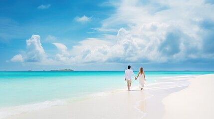 Fototapeta na wymiar Walking together over a white sandy beach - people photography